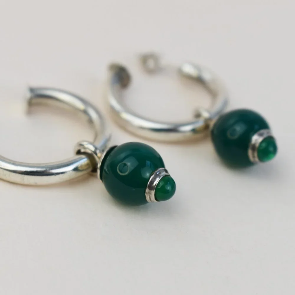 Forest green charm hoop earrings sterling silver, basic medium chunky hoop studs